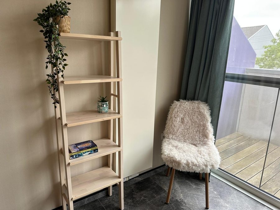 Houten ladderrek met plant en een stoel met schapenvacht bij het terrasraam